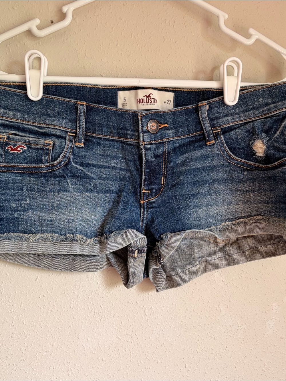 Vintage Y2K YHollister Women's Blue Denim Rolled Cuff Mini Booty Shorts